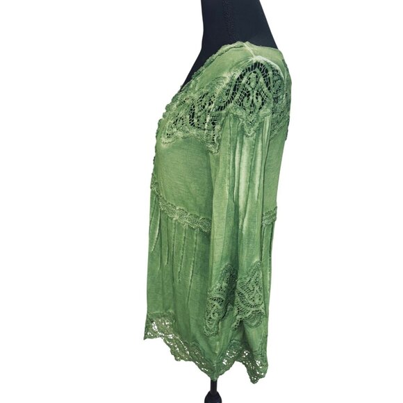 Soft Surroundings Petite S Boho Cottage Core Green Tunic Top Lace Trim V-Neck - Picture 3 of 9